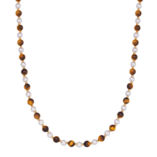 Kette Edelstahl gelbgold Muschelkernperle weiß Tigerauge braun