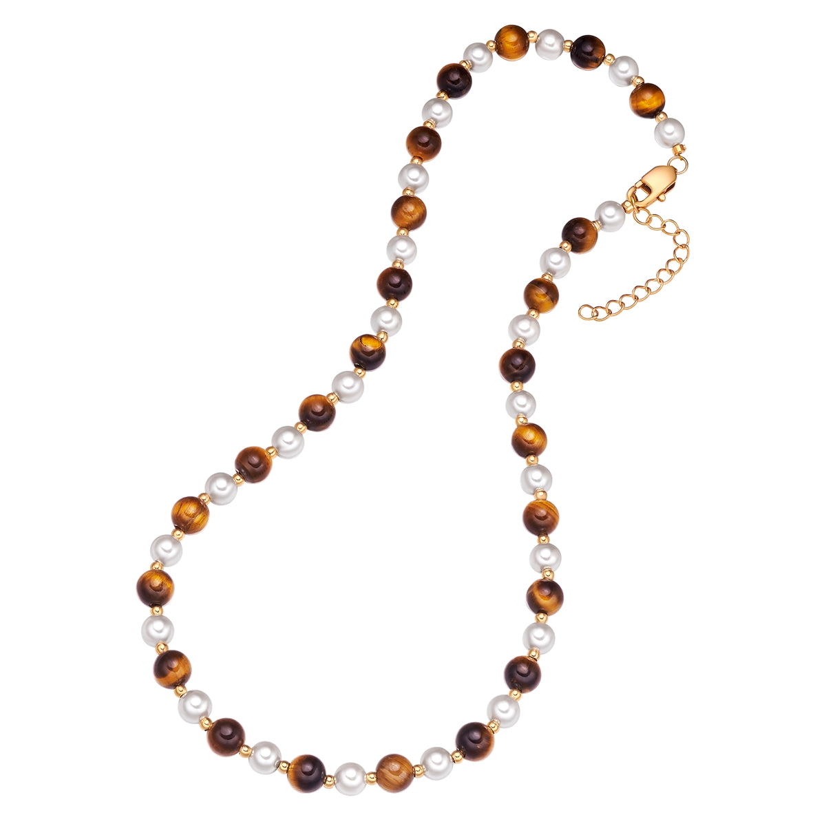 Kette Edelstahl gelbgold Muschelkernperle weiß Tigerauge braun