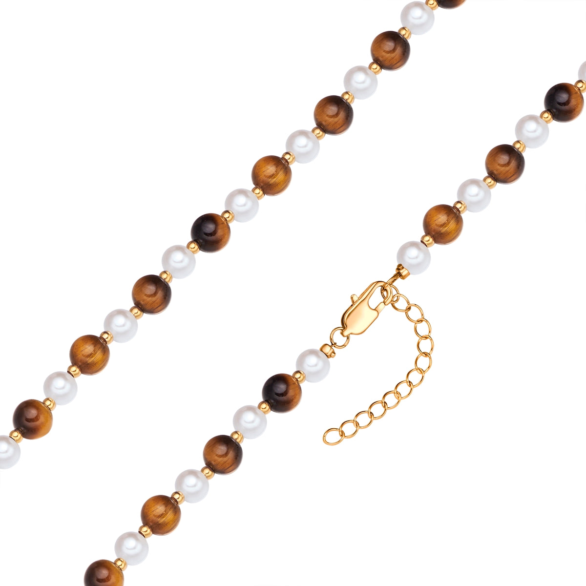 Kette Edelstahl gelbgold Muschelkernperle weiß Tigerauge braun